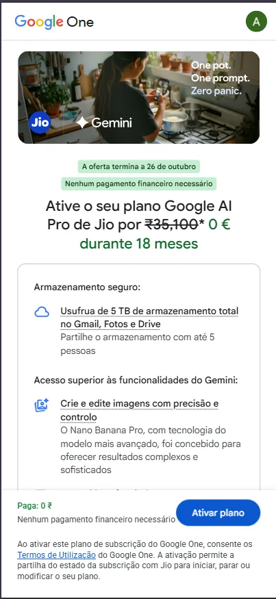 Tela oficial de convite do Google One com a parceria Jio mostrando valor 0 e 18 meses de acesso